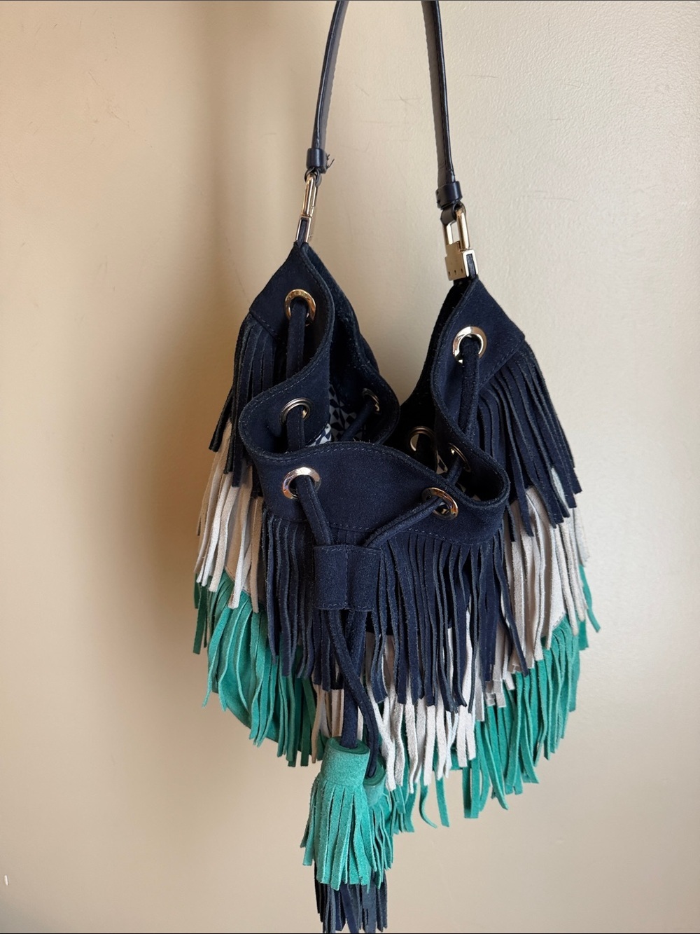 Boden Fringe leather Drawstring Bucket Bag Blue Taupe Teal Festival Western Boho
